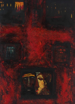 1972, oil, sand, and collage on canvas, 55 x 40 inches